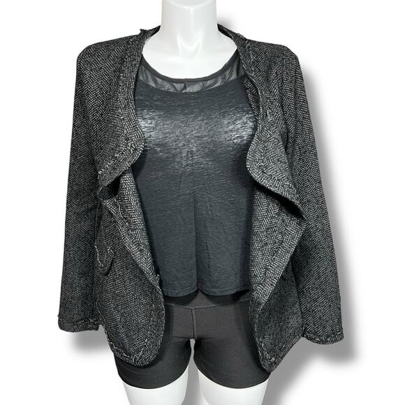 Depri Womens Tweed Blazer Jacket Open Front Long Sleeve Tailored Gray Black Larg - Picture 2 of 9